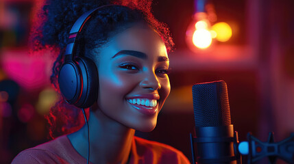 Smiling female podcaster with headphones and microphone in a modern studio, celebrating World Radio Day and creativity in broadcasting