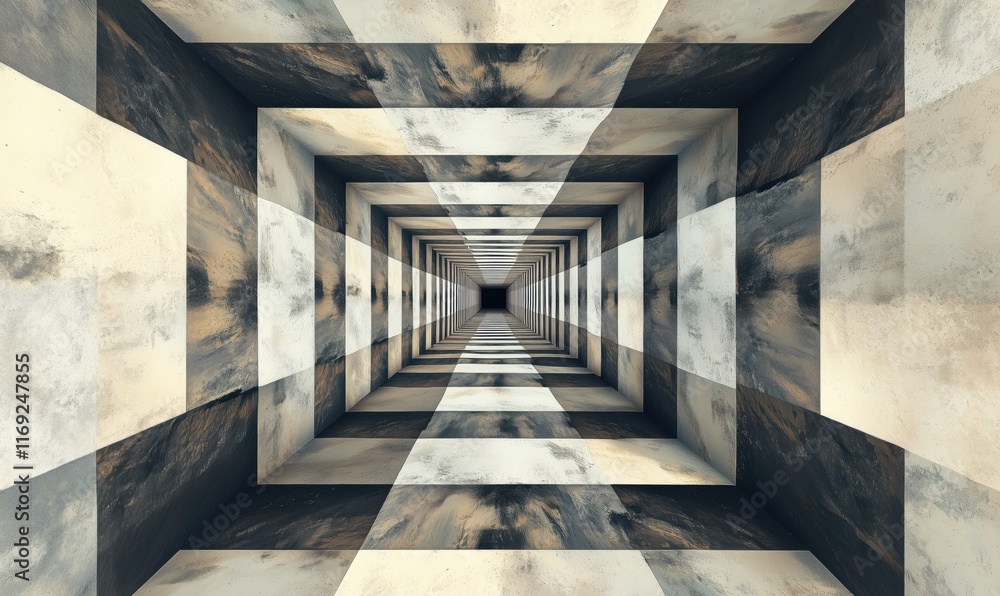 Poster geometric tunnel illusion with striking perspective and textured patterns