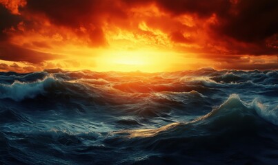 Fototapeta premium Dramatic sunset over turbulent ocean waves, vibrant colors of orange and blue, dynamic cloud formations, serene yet powerful seascape