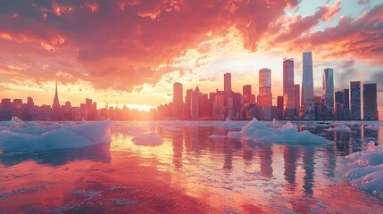 Fototapeta premium Spectacular Cityscape at Sunset with Mirrored Reflections and Glowing Skyscrapers