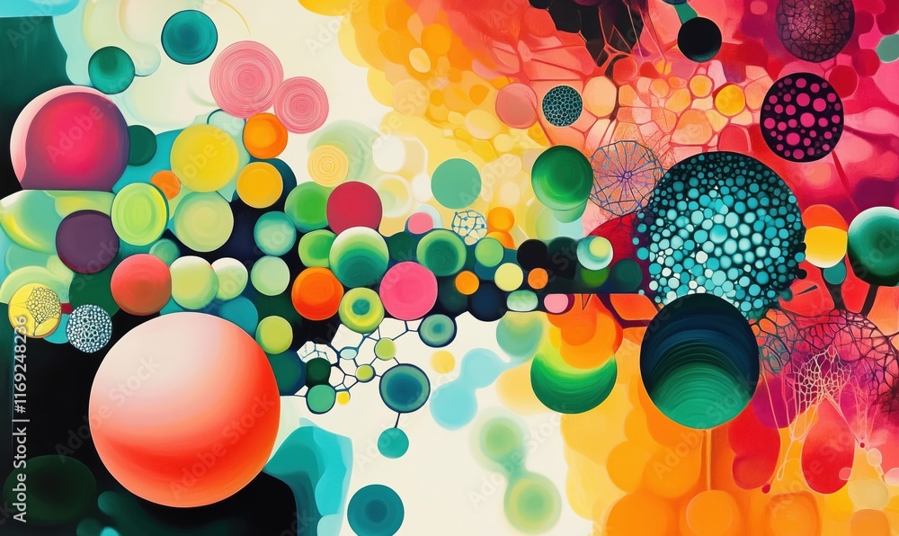 Poster vibrant abstract art with colorful circles and organic shapes, blending warm and cool tones, creatin