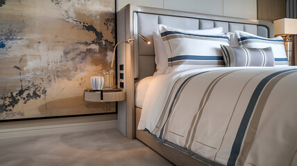 Modern Bedroom Interior with Striped Bedding and Abstract Artwork