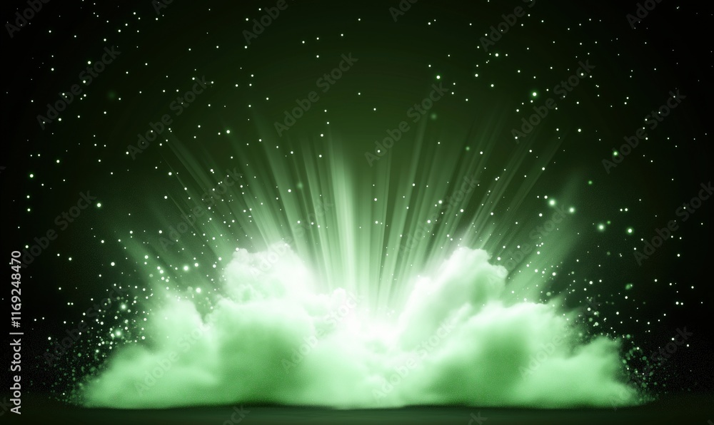 Poster green explosion of light and particles emanating from fluffy clouds, creating a mystical and etherea