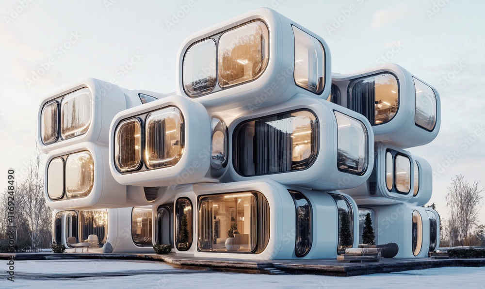 Poster futuristic architectural design featuring modular, organic-shaped building with large windows and un