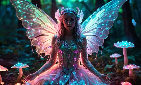 A glowing fairy in a vibrant magical forest surrounded by ethereal lights and whimsical flora.