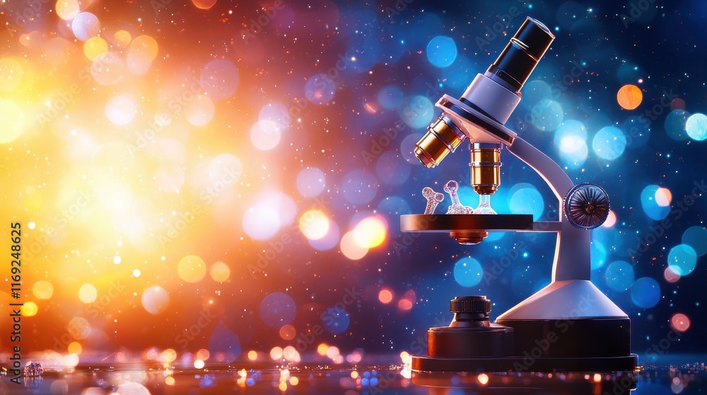 Poster microscope observing samples laboratory science bokeh background close-up
