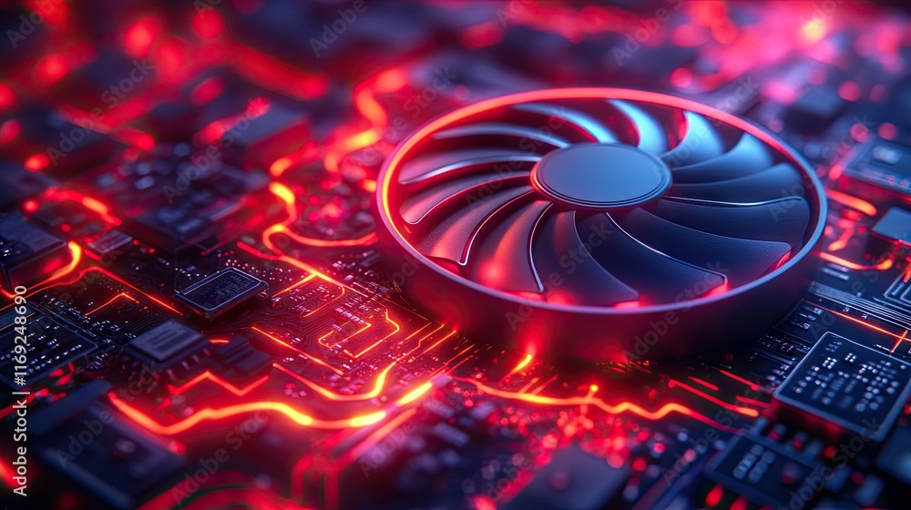 Wall mural close-up of a computer fan on a circuit board with glowing red lights. ideal for technology websites