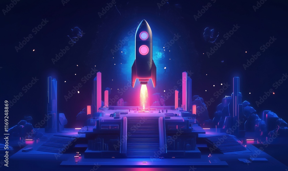 Poster futuristic rocket launch from a neon-lit platform surrounded by abstract structures and cosmic eleme