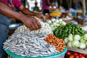 Obraz premium A vendor skillfully sorts through fresh seafood at a vibrant market, exemplifying the essence of local culture, culinary diversity, and the rich traditions of food shopping experiences.