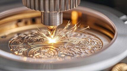 Modern Technologies in Precision Watch Manufacturing, a macro photography close-up of a laser engraving machine etching intricate designs onto a watch case, with sparks and glowing edges
