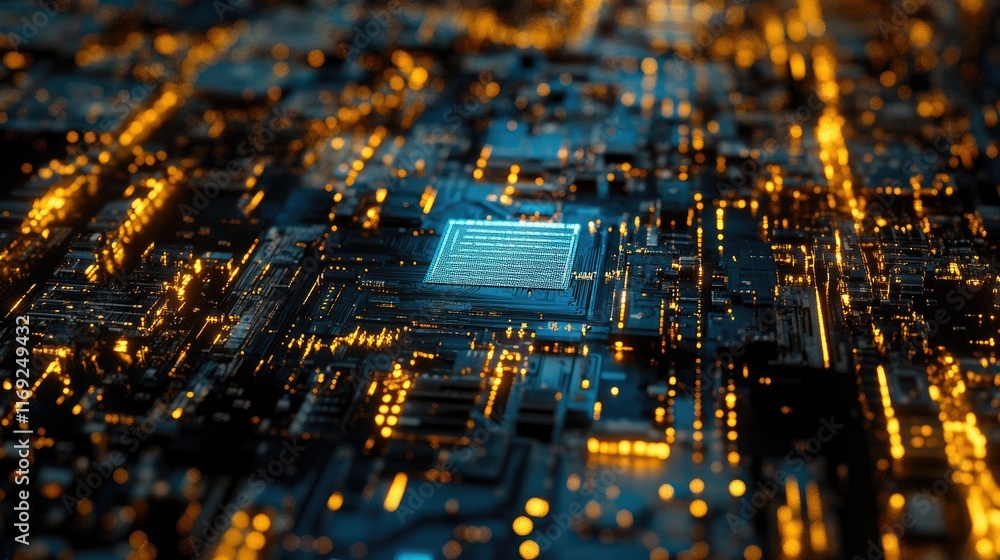 Poster A microchip on a circuit board, glowing blue and gold, capturing the intricate details and complexity of advanced electronic systems.