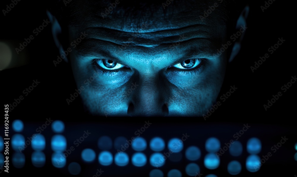Poster intense focus of a hacker analyzing code in dark environment with blue light