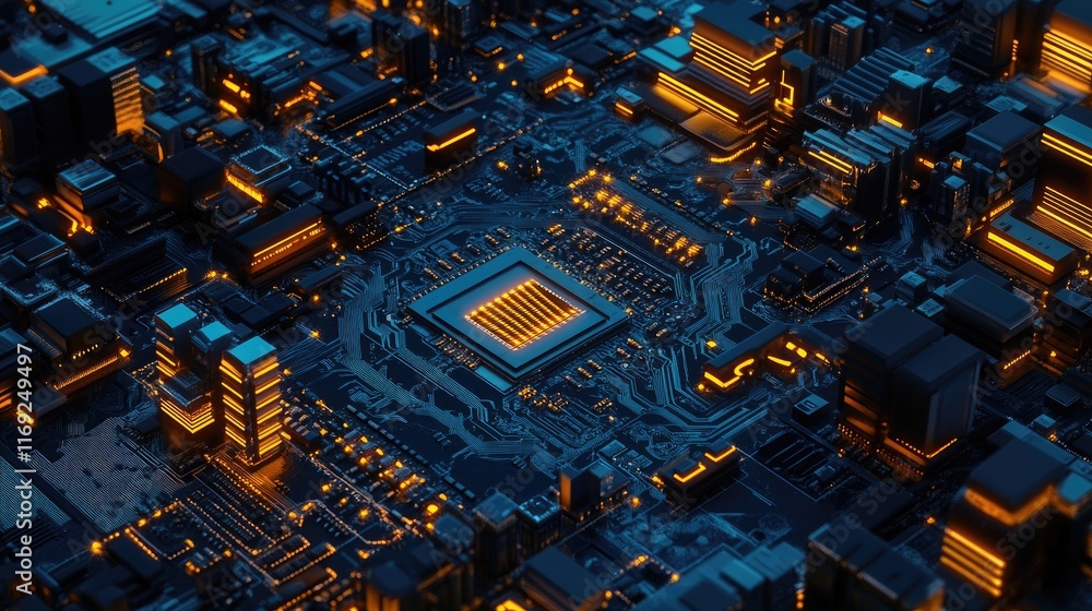 Poster A microchip on a circuit board, glowing blue and gold, capturing the intricate details and complexity of advanced electronic systems.