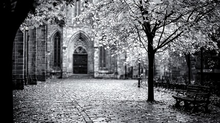 Serene Black and White Scene of Autumnal Leaves at Historic Church with Empty Benches in the foreground