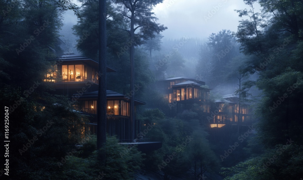 Aufkleber modern treehouse architecture nestled in misty forest landscape, showcasing multiple elevated struct