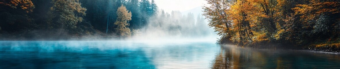 Fototapeta premium Serene Autumn Lake Mist Foggy Forest Tranquil Nature Scene