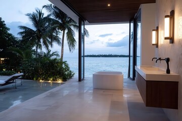 Fototapeta premium A tranquil bathroom scene at dusk, highlighting a beautiful tub overlooking the ocean. The setting enhances relaxation and provides an artistic, elegant atmosphere.