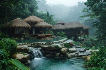 Luxurious tropical bungalows with infinity pool overlooking misty rainforest