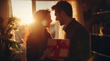 Young man giving present to his girlfriend at home. Valentine's Day celebration.