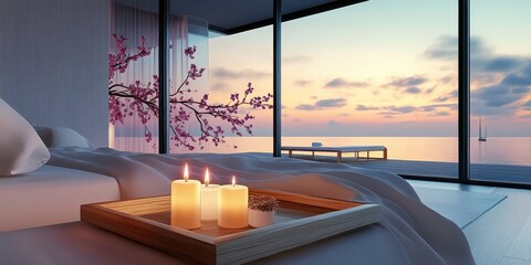 Cozy bedroom interior, large windows with ocean view, sunset sky, white bedding, wooden tray on bed, vase with cherry blossoms, minimalist decor, warm lighting, serene atmosphere, coastal living, hygg