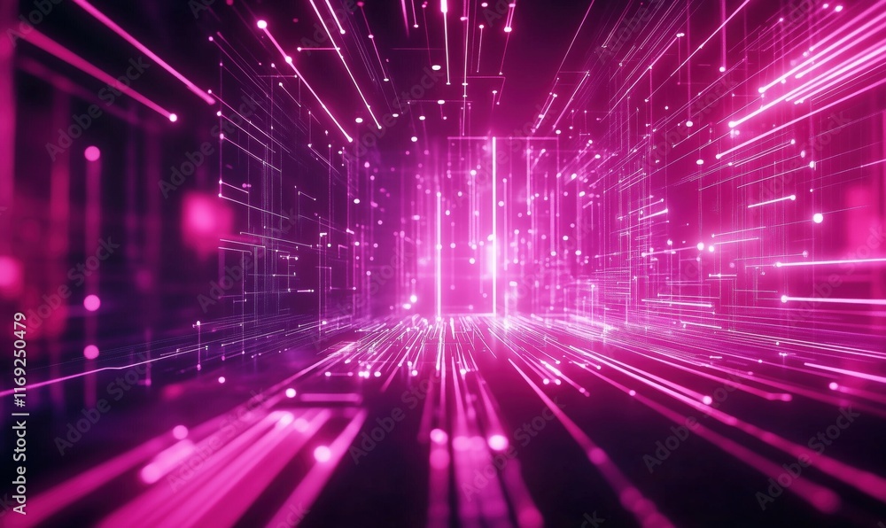 Poster futuristic digital landscape with vibrant pink lines and glowing particles creating a sense of depth