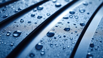 Close-up of water droplets on a textured blue surface. Ideal for backgrounds showcasing water resistance or product durability.