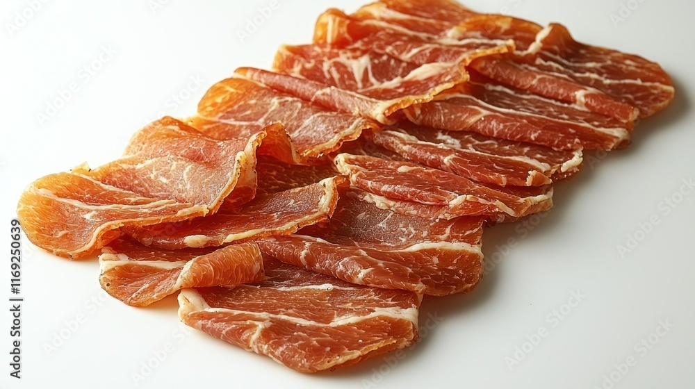 Poster slices of cured meat arranged neatly on a surface.