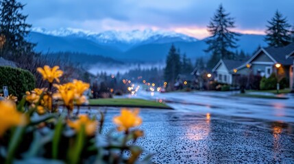 Fototapeta premium Tranquil Rainy Evening with Yellow Flowers and Mountains in Background Under Soft Blue Sky at Dusk