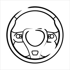 black and white background car steering wheel line icon vector graphic design. vehicle parts