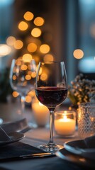 Elegant candlelit dinner setting with wine glass and bokeh lights