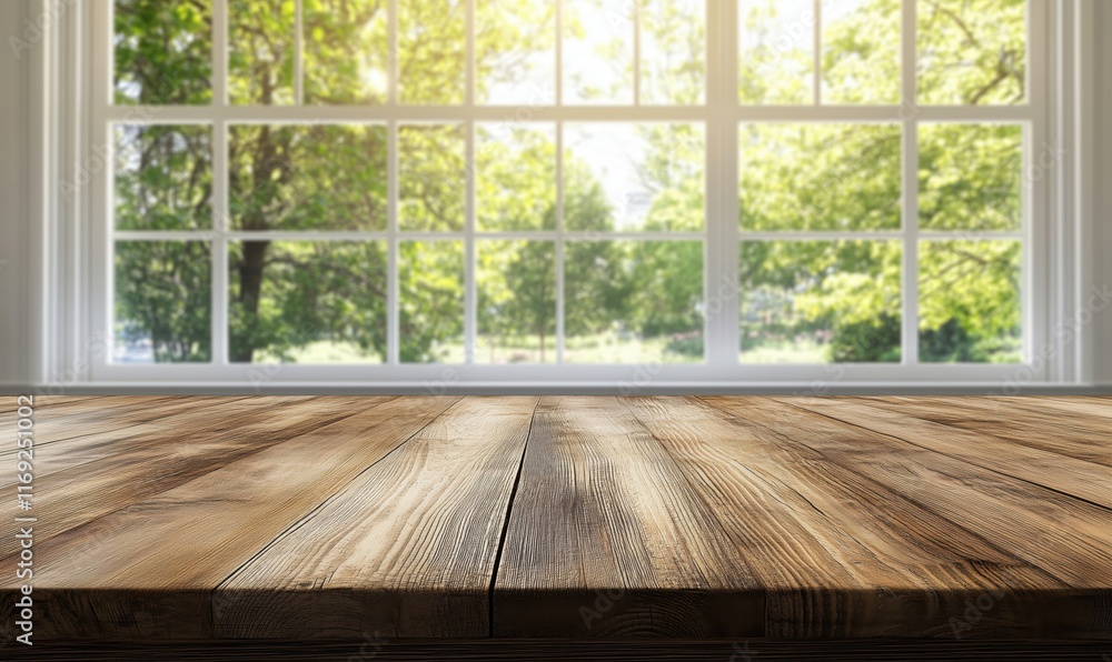 Poster sunlit wooden table with view of lush greenery through large windows