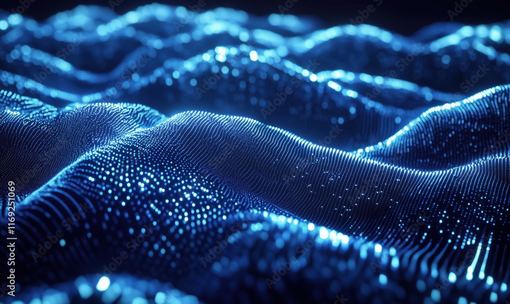 Poster digital landscape of glowing blue waves, intricate patterns of light and texture, representing data 
