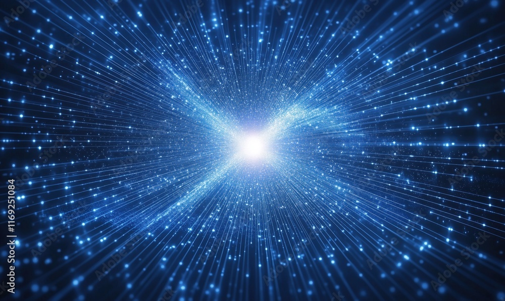 Poster cosmic explosion of light and energy radiating from a central point, creating a mesmerizing blue sta