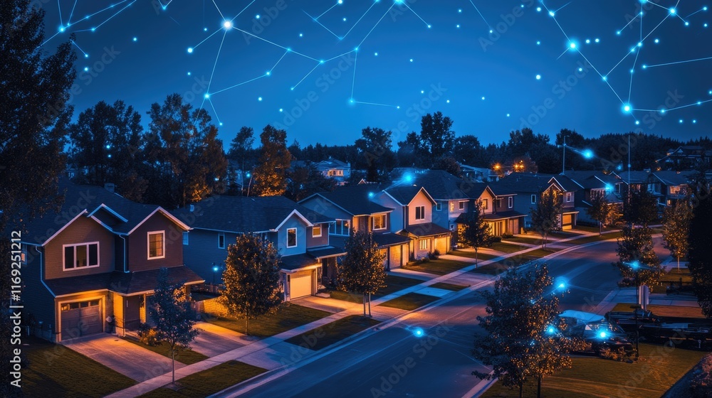 Poster a modern digital community with interconnected smart homes at night, showcasing iot and digital netw