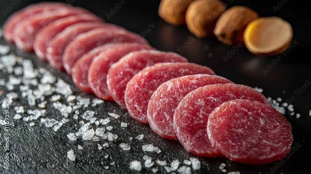 Poster slices of cured meat with salt and nuts on a dark surface.