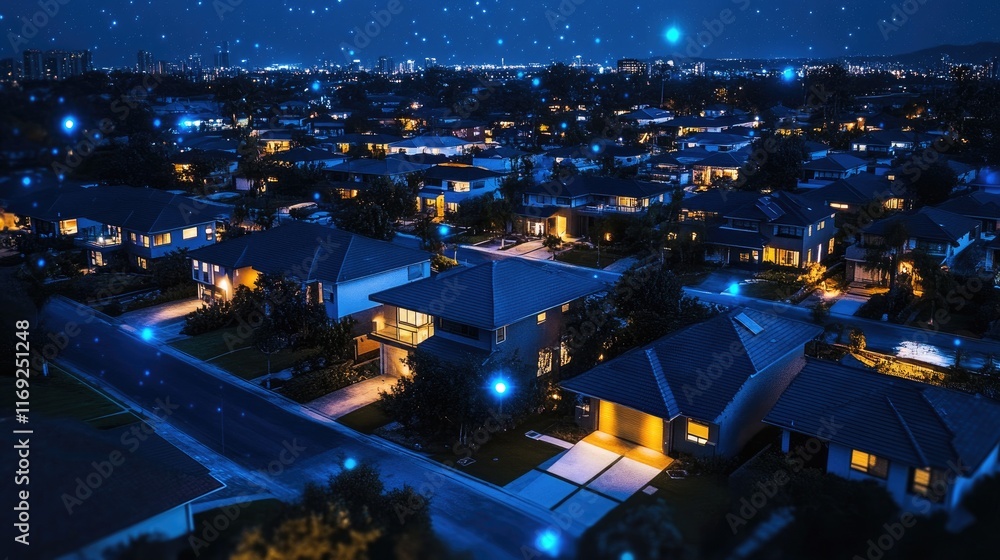 Poster a modern digital community with interconnected smart homes at night, showcasing iot and digital netw