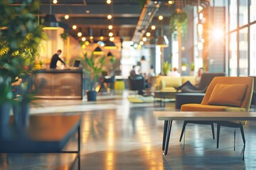 Modern office lounge with comfortable seating and warm lighting.