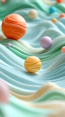 Mesmerizing abstract composition featuring geometric spheres floating in a serene fluid pastel landscape  The organic