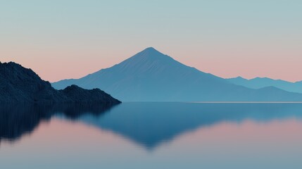 Serene Mountain Reflection at Dawn Over Tranquil Lake with Soft Color Gradients in Clear Sky