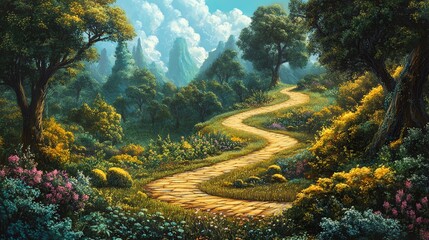 Obraz premium A serene winding path through a lush, vibrant forest landscape.
