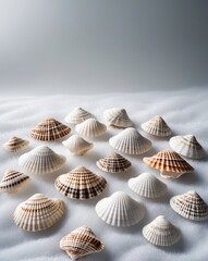 A collection of seashells on a clean white surface.
