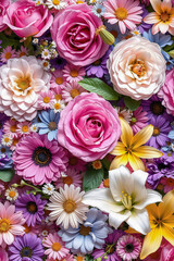 A vibrant close-up showcases a dense arrangement of colorful flowers from a bird's-eye view, blending deep pinks, purples, pastels, and yellows. Intricate textures and shapes create an overflowing.