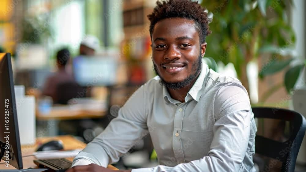 Poster a young man with curly hair sits at a desk in a contemporary office space, smiling confidently while