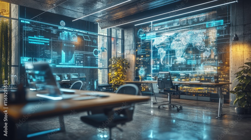 Poster A modern workspace with holographic interfaces, representing the future of hybrid learning environments blending technology and education.