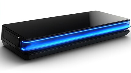 Sleek black device with glowing blue highlights. Perfect for futuristic data storage or high-tech gadgetry.