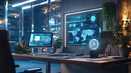 A modern workspace with holographic interfaces, representing the future of hybrid learning environments blending technology and education.