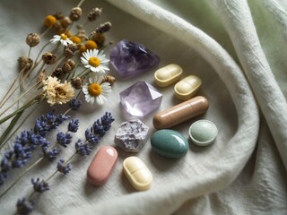 Holistic Healing Herbs Flowers Stones and Pills on Linen.