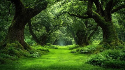 Vibrant green pathway leading through lush forest canopy
