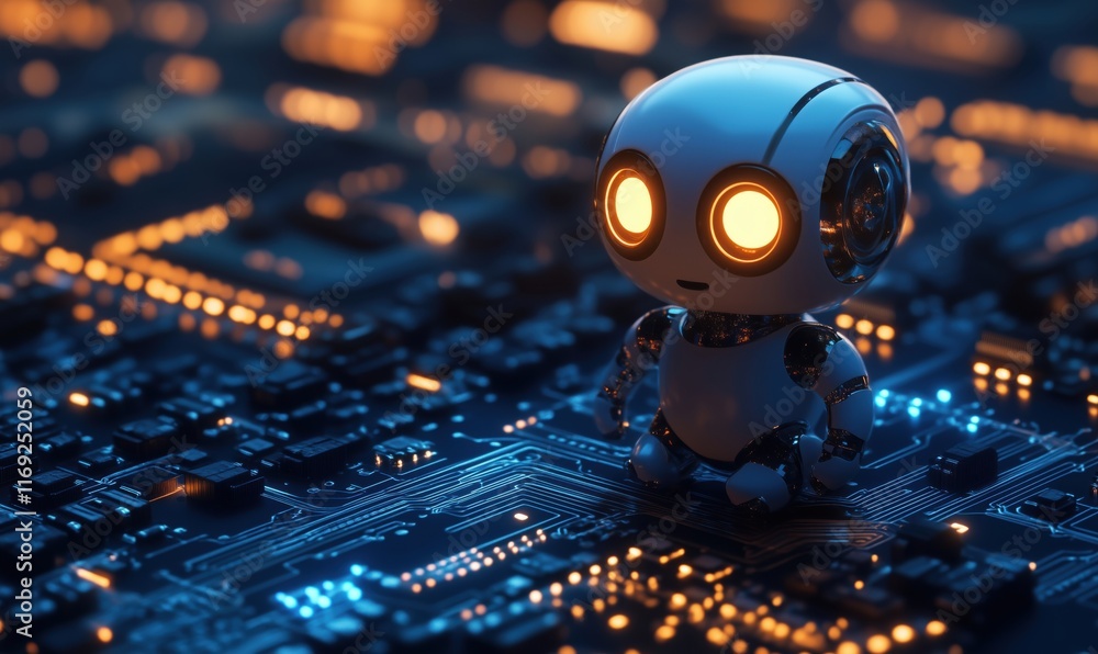 Poster cute robot character sitting on circuit board with glowing lights, showcasing advanced technology an