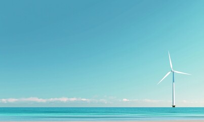 Wind turbine standing tall in serene ocean landscape under clear blue sky, symbolizing renewable energy and sustainability